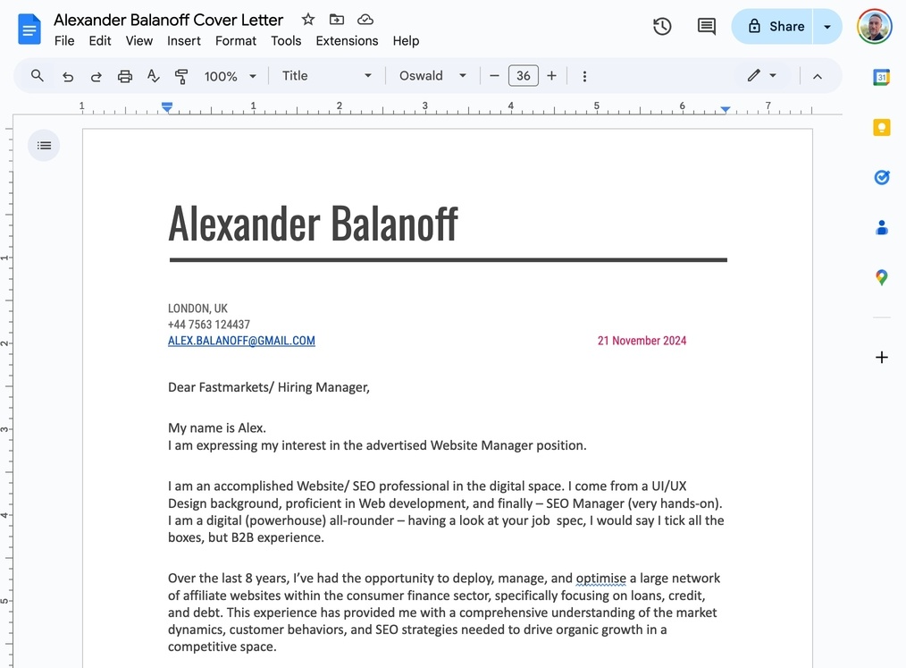 alexander balanoff cover letter